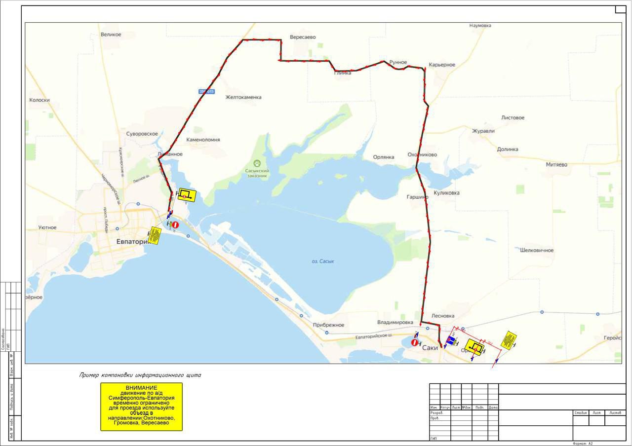 Схема объезда перекрытого участка трассы Симферополь - Евпатория